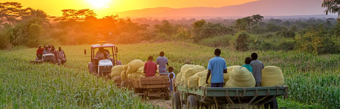 Workers loading harvested maize onto a trailer in a Zambian field at sunset.