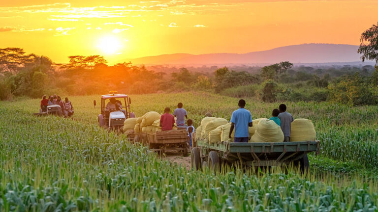 Workers loading harvested maize onto a trailer in a Zambian field at sunset.