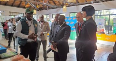 Minister Mtolo Phiri visiting the ZAMSEED stand at the Agrifinance Conference